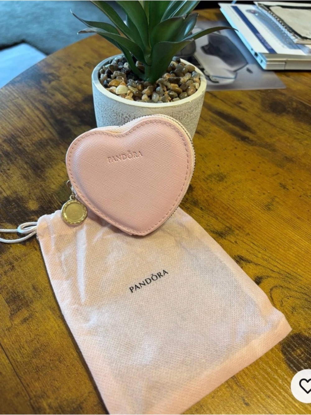Pandora Pink Heart-Shaped Jewelry Pouch with Gold Charm